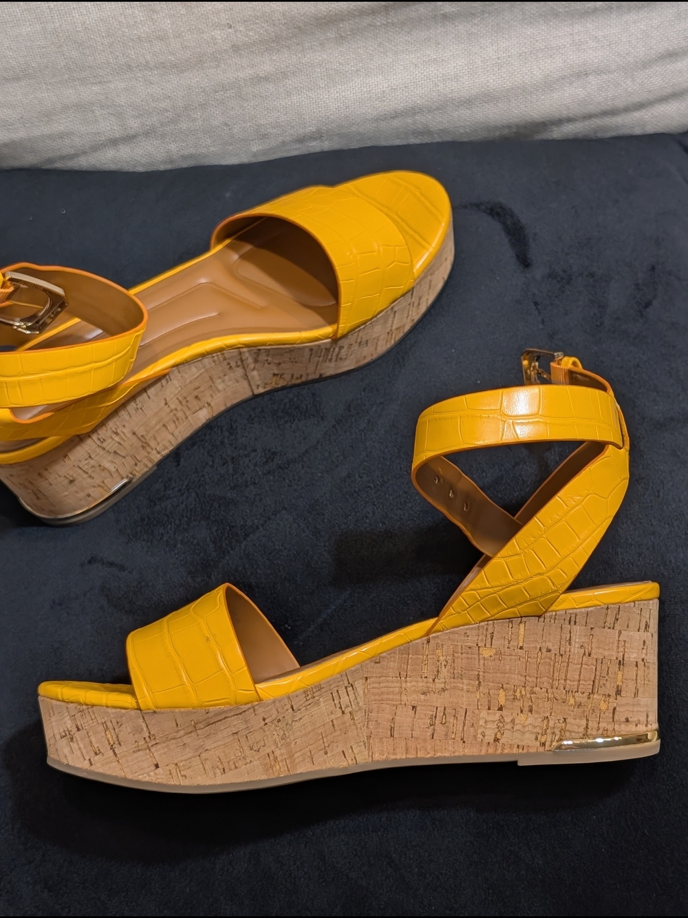 Franco Sarto Yellow Croc-Embossed Wedge Sandals